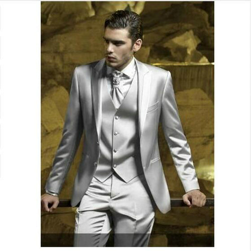 Custom Silver Grey Satin Men Suit Slim Fit Skinny Simple Stage Prom Outfit Blazer Men 3 Piece Men Suits (Jacket+Pants+Vest)