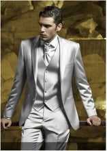 Load image into Gallery viewer, Custom Silver Grey Satin Men Suit Slim Fit Skinny Simple Stage Prom Outfit Blazer Men 3 Piece Men Suits (Jacket+Pants+Vest)