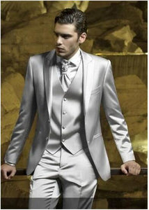 Custom Silver Grey Satin Men Suit Slim Fit Skinny Simple Stage Prom Outfit Blazer Men 3 Piece Men Suits (Jacket+Pants+Vest)